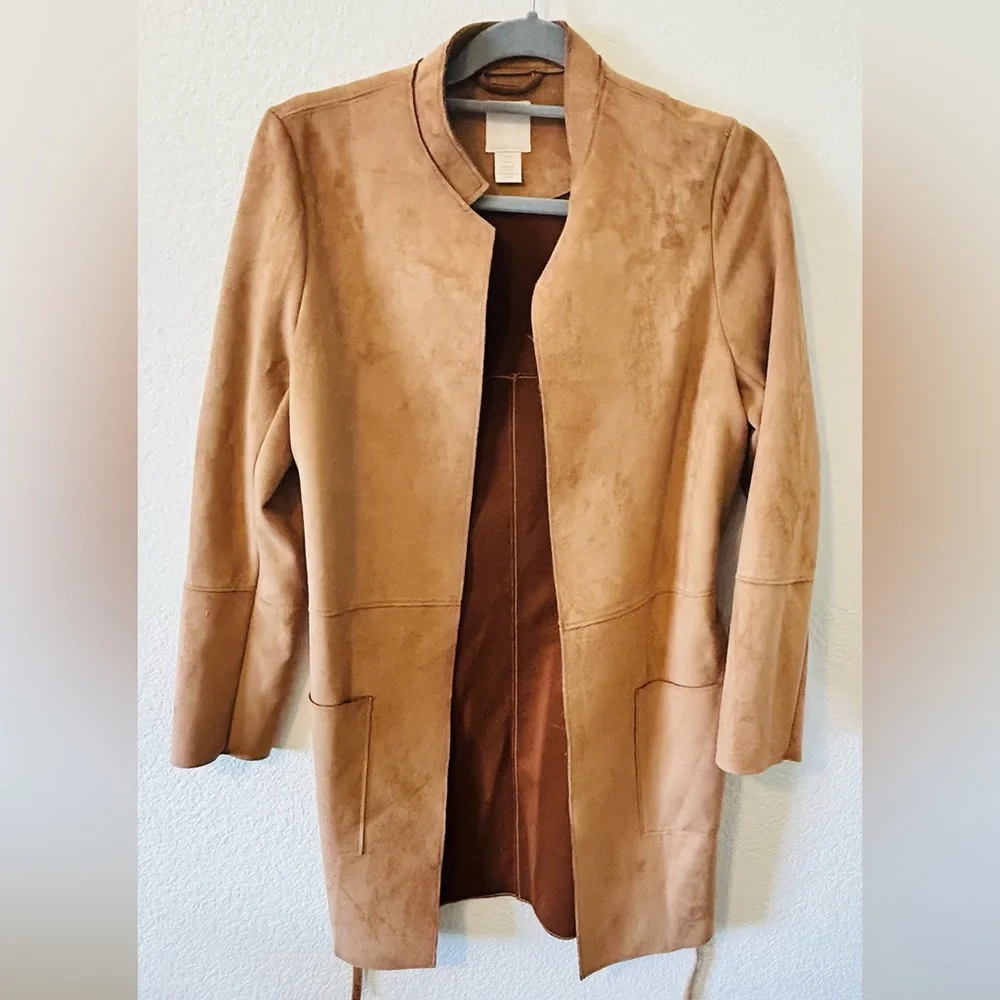 H&M Camel Brown Minimalist Quiet Luxury Faux Suede Coat SZ 4 - Picture 2 of 8